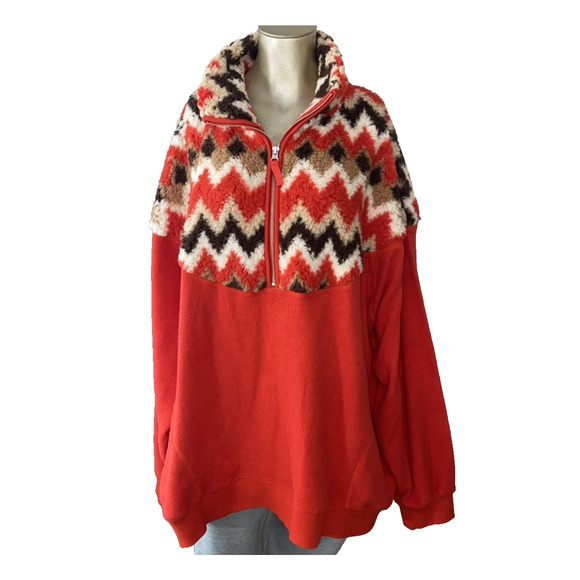 Aerie Hometown Holiday Quarter Zip Sweatshirt Red Sherpa Tribal XXL NWT - Picture 4 of 9